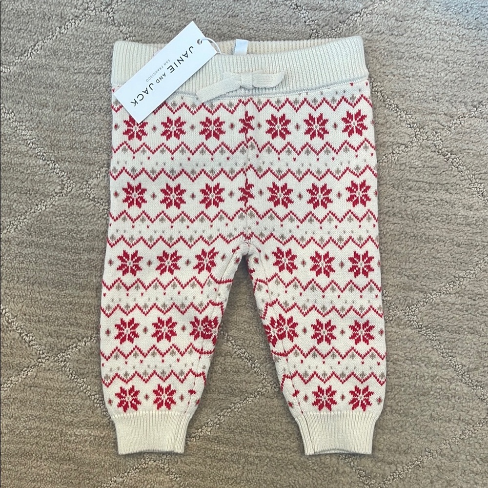Janie and Jack Cream and Red Snowflake Knit Pants